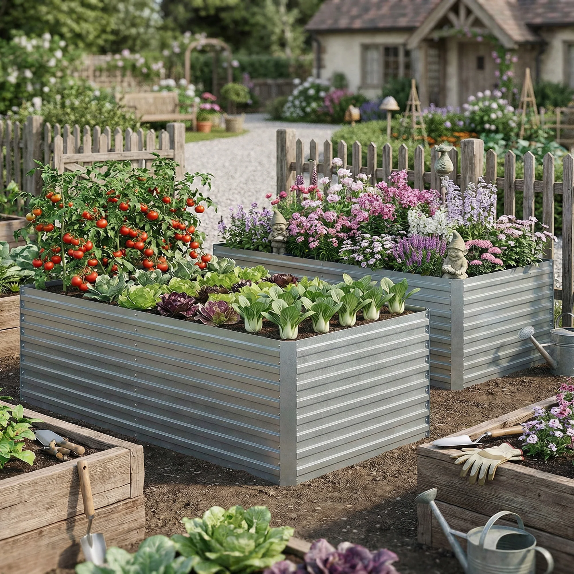 Lot de 2 bacs de jardin surélevés 180x90x60cm en acier galvanisé, jardinière en métal argenté avec bordure de sécurité et tiges de support, fond ouvert, pour légumes, herbes et fleurs, pots de jardin, décorations extérieures