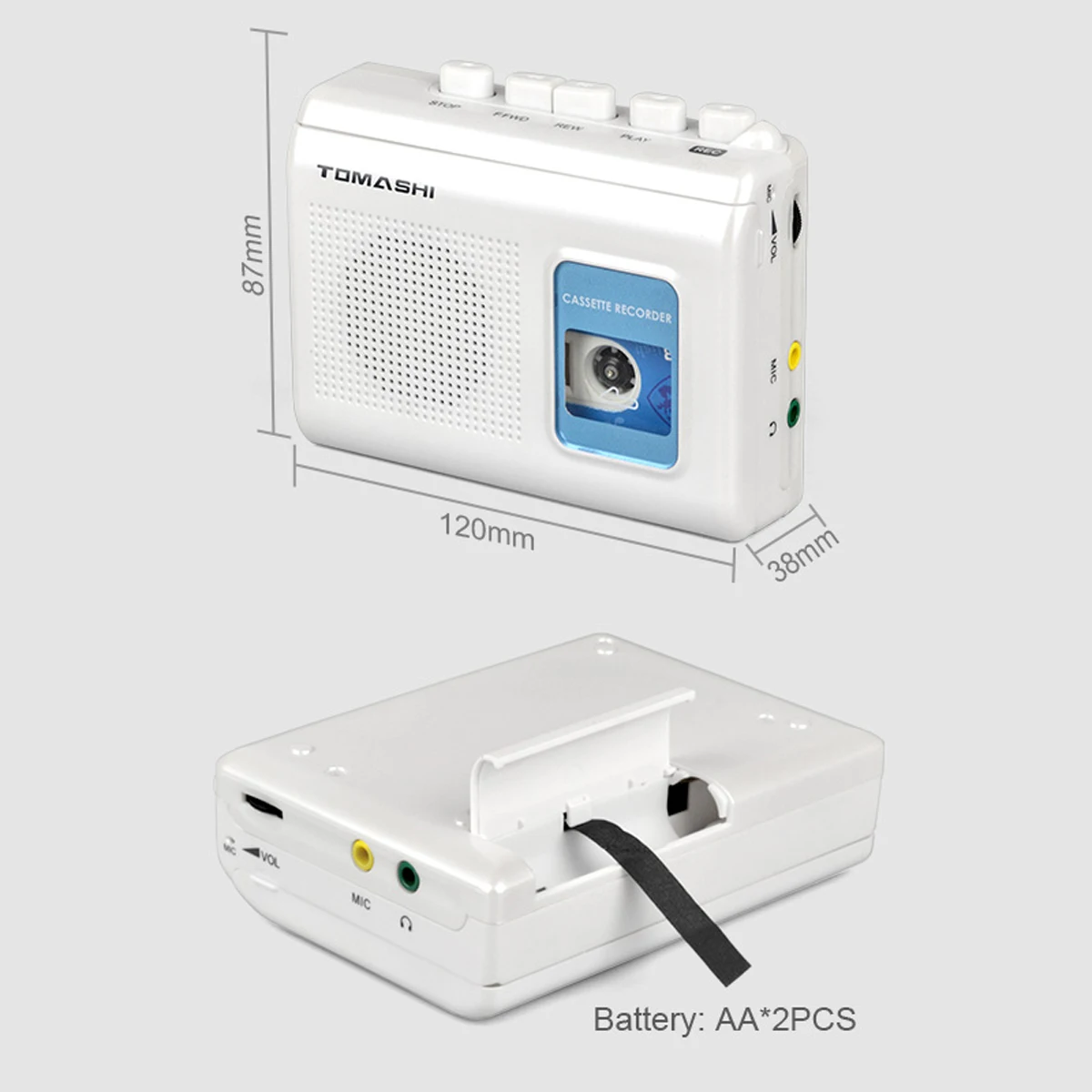 TOMASHI pemutar kaset portabel perekam Tape Walkman dengan Speaker bawaan, mikrofon, Jack Headphone, 4.57x3.54x1.38 inci