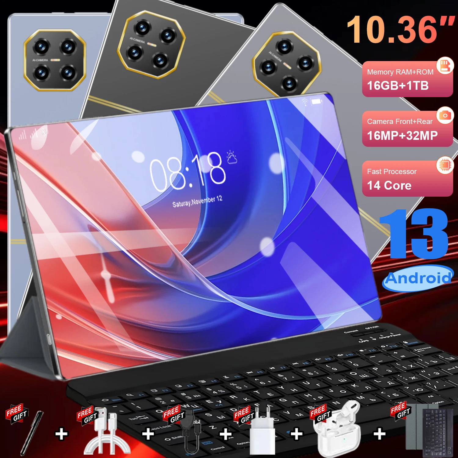 Tablette 16MP+32MP 5G Version Globale 10,36 pouces Android 13 20000mAh 16GB+1TB WPS+5G WiFi Bluetooth Double SIM Appel Téléphonique