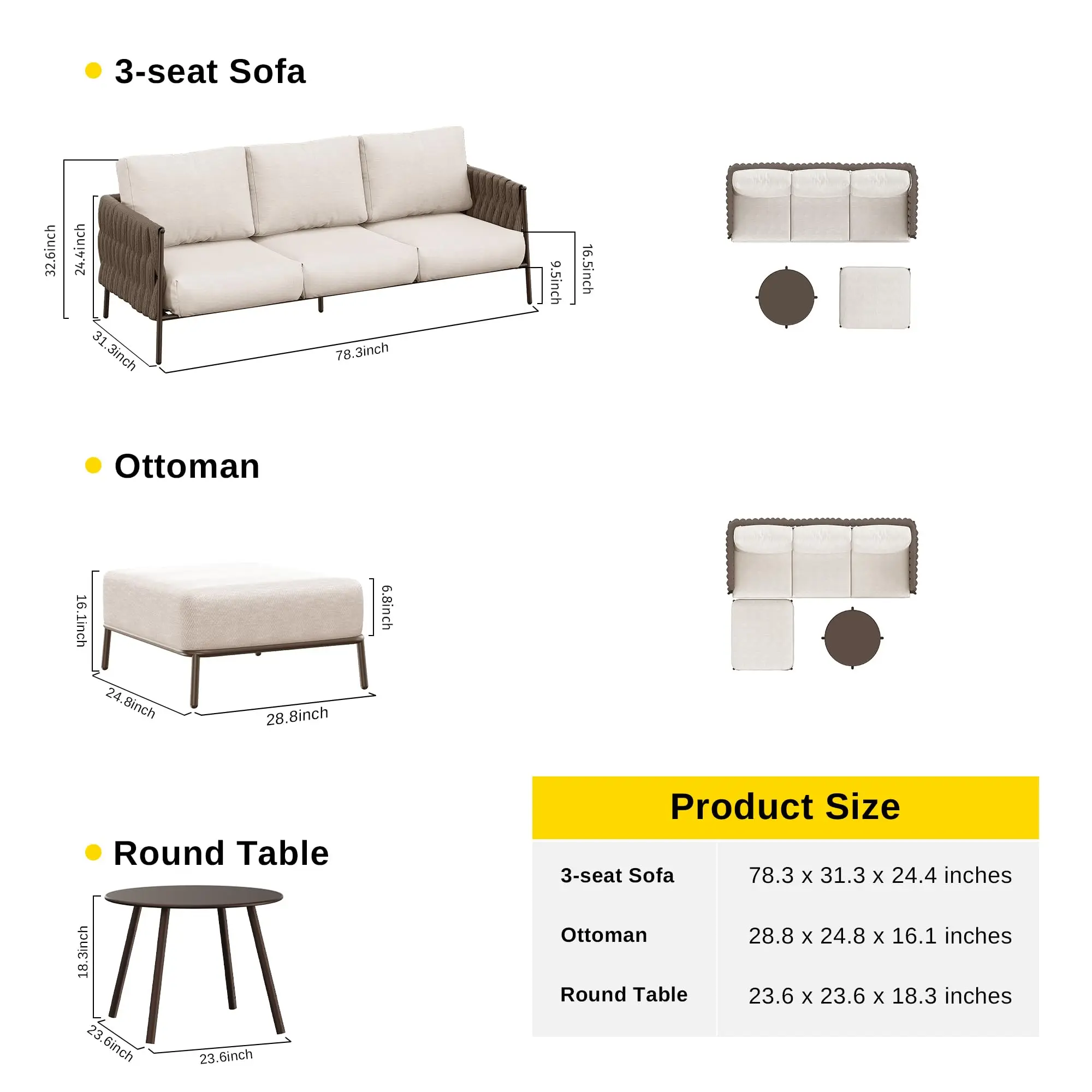 طقم أريكة فناء خارجي حديث، حبل منسوج باللون البيج وإطار معدني وسائد مقاومة للماء للحديقة وبحول السباحة، أثاث خارجي فاخر