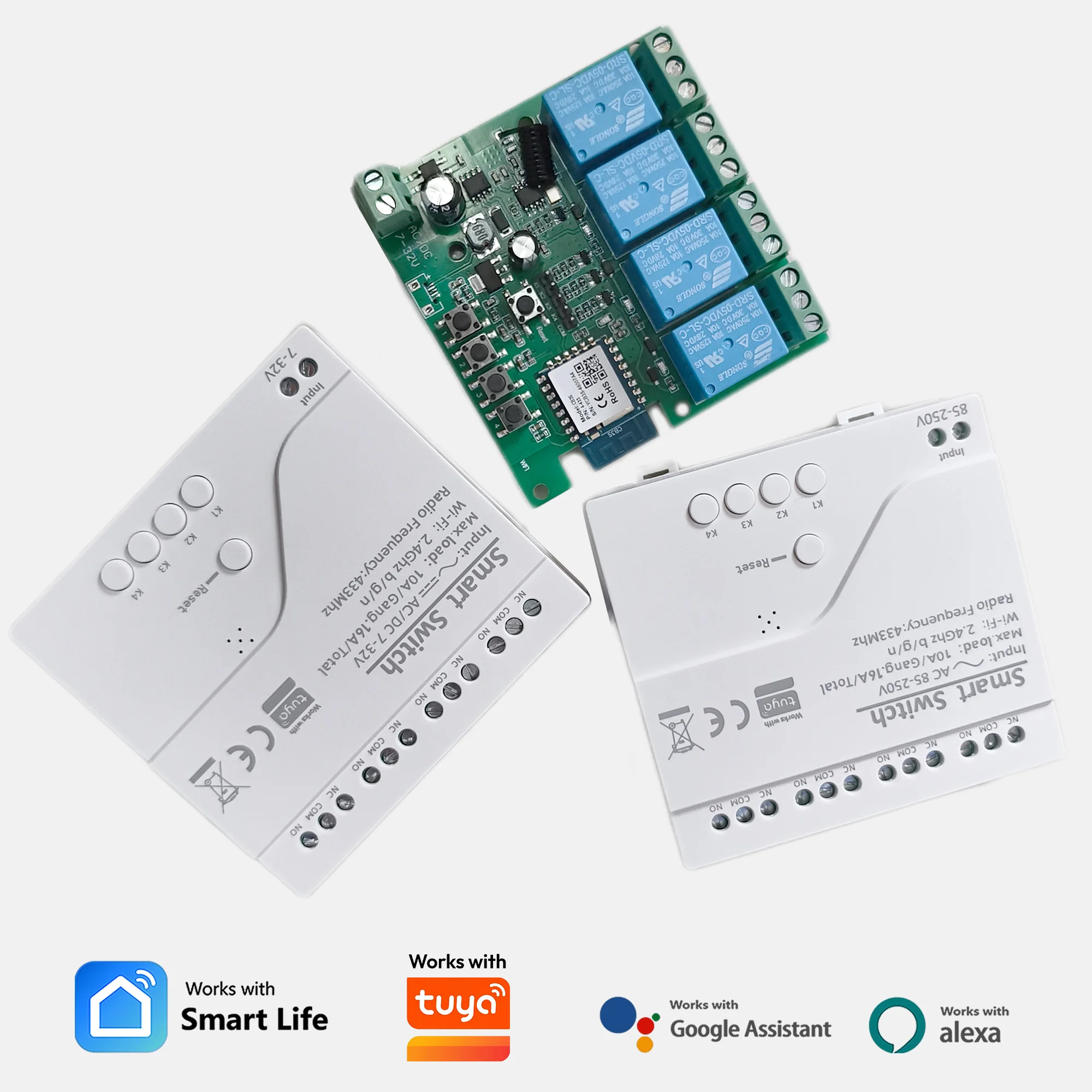 4 Way Wireless Din Rail Case Switch Relay Board Dry Contact Inching Mode for Motor Lamp Light On/ Off Works with Tuya Alexa