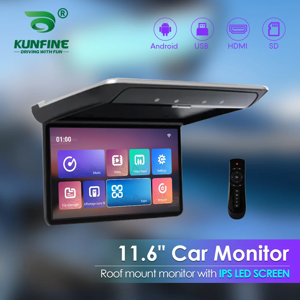 11.6 Inch Car Roof Monitor TV Flip Down 1080P Video HD Screen IPS Touch Button With 16-color Ambient Light SD HDMI FM Android 10