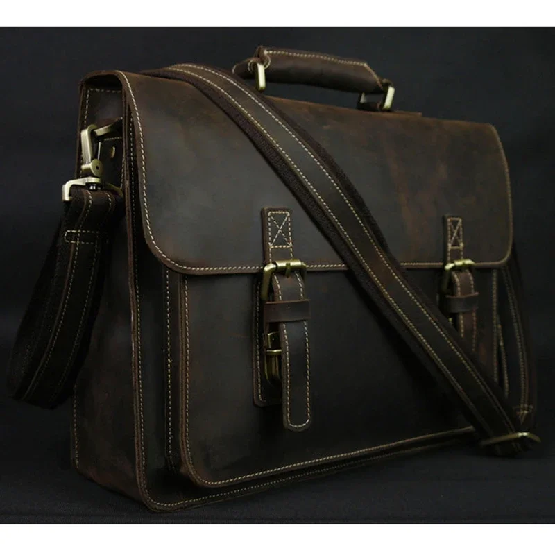 Vintage Crazy Horse prawdziwa skórzana teczka męska 15-calowa torba na laptopa torba biznesowa torba na ramię Messenger torebka na ramię M088 — zdjęcie 2