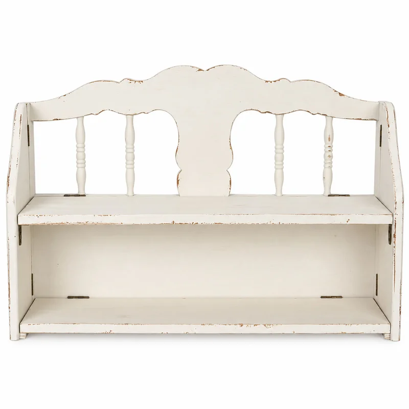 Vintage Folding Wall Shelf, Distressed White Fir Wood 2-Tier Wall Mounted Storage Rack for Kitchen Bathroom Bedroom Decor
