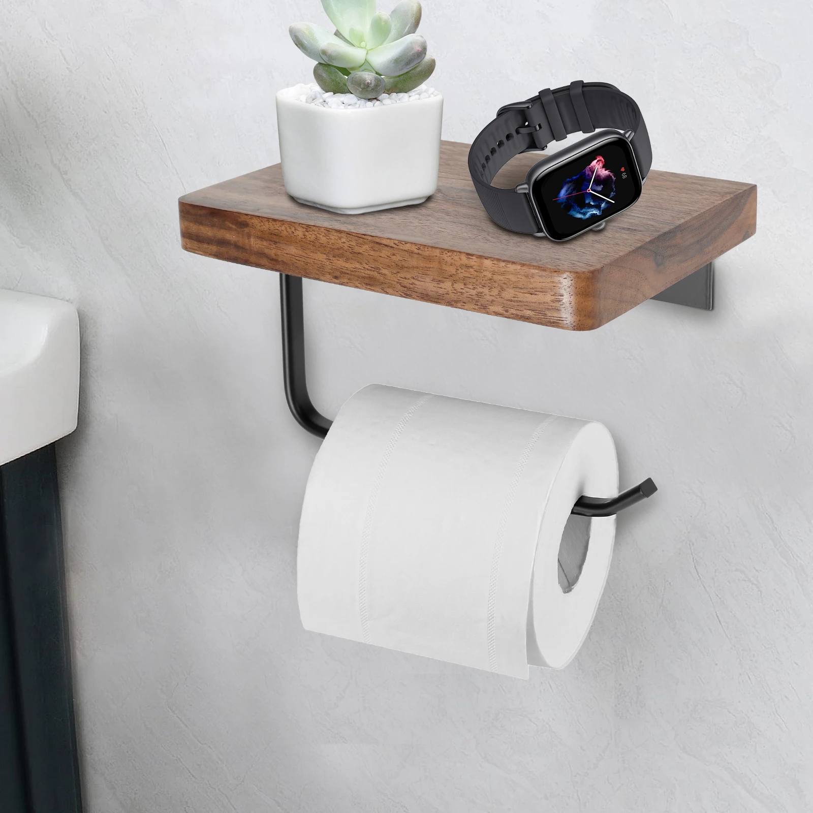 Natural Walnut Wood Toilet Paper Holder Bathroom Self-Adhesive Wall Mount Tissue Hanger Towel Roll Bar Storage Accessories NEW