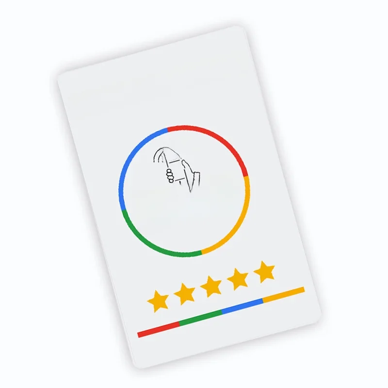 Wysokiej jakości karta NFC z recenzjami Google w języku niemieckim, holenderskim, francuskim, hiszpańskim, angielskim i polskim. — 2