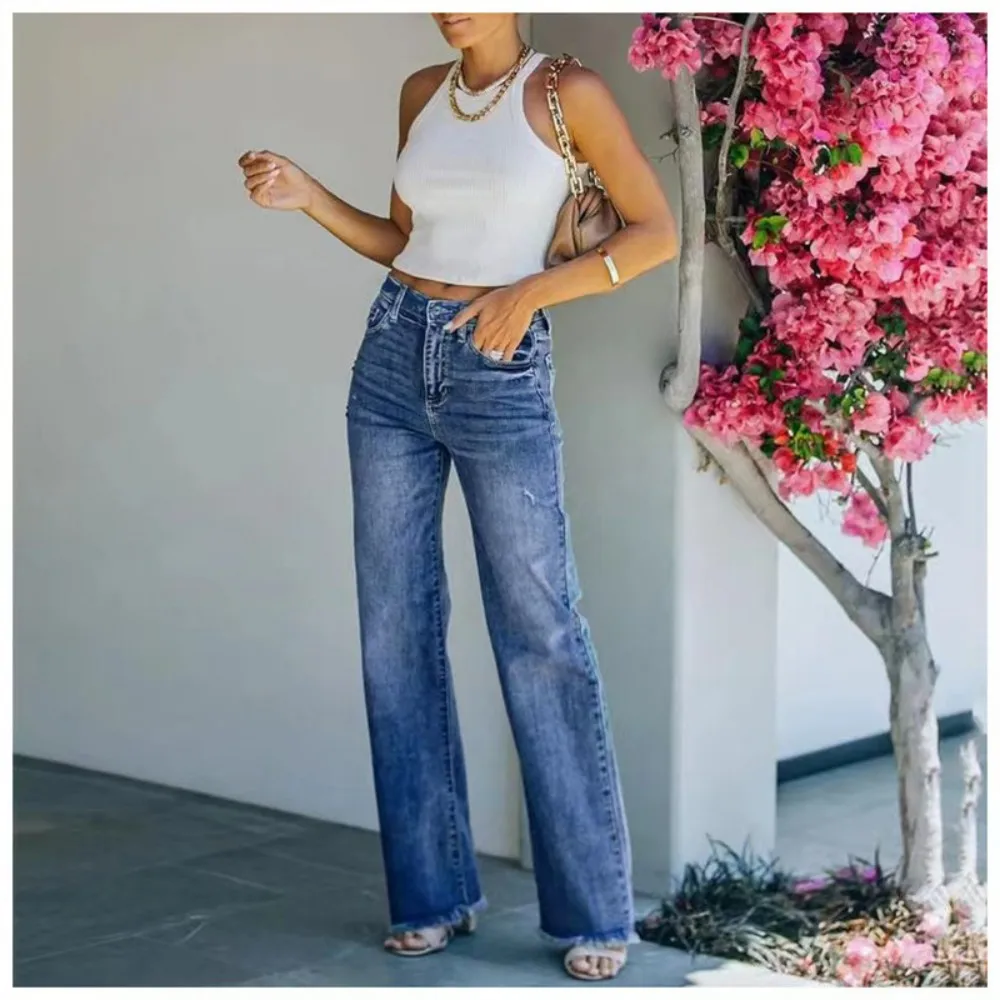 2023 Spring New Women\'s Mid Waist Loose Jeans Fashion Raw Edge Denim Straight Leg Pants Casual Female Trousers S-2XL