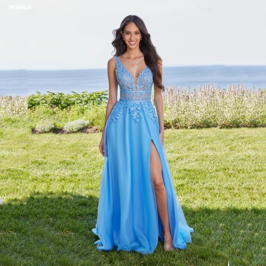 

Jessica V-neck Lace Embroidery Evening Dresses Blue Tulle Side Slits Prom Dresses Elegant Wedding Party Dresses Customized