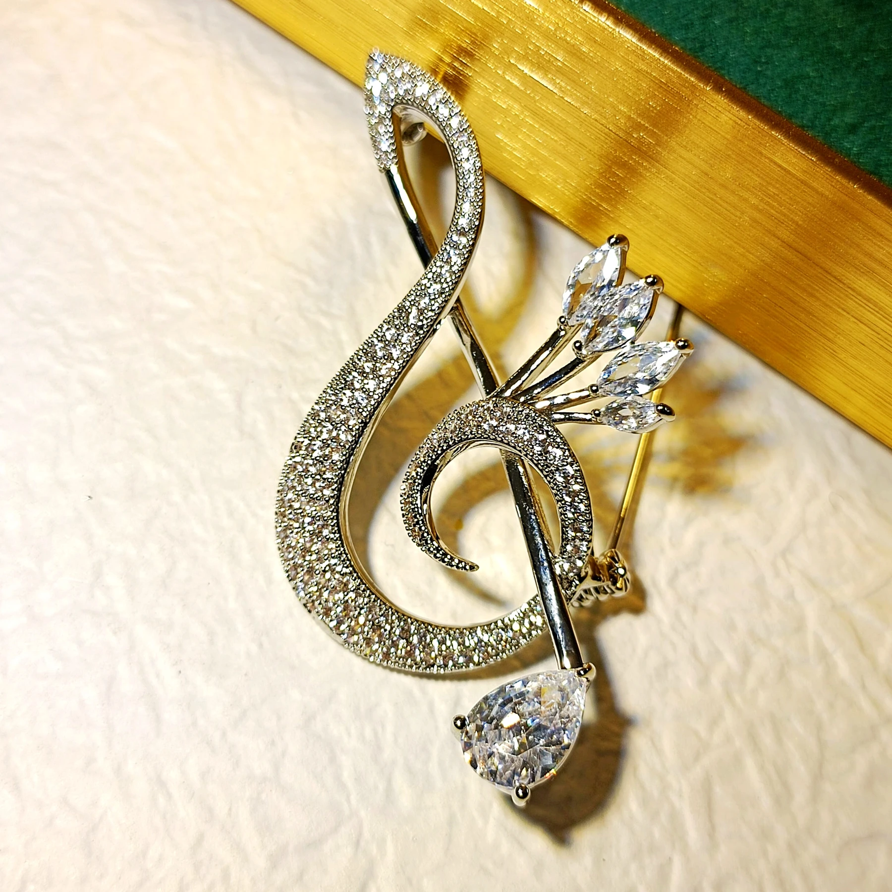 

Sparkling Silver Tone Pear and Marquise Shaped CZ Musical Note Brooch Treble Clef Pin Music Notation Theme Jewelry