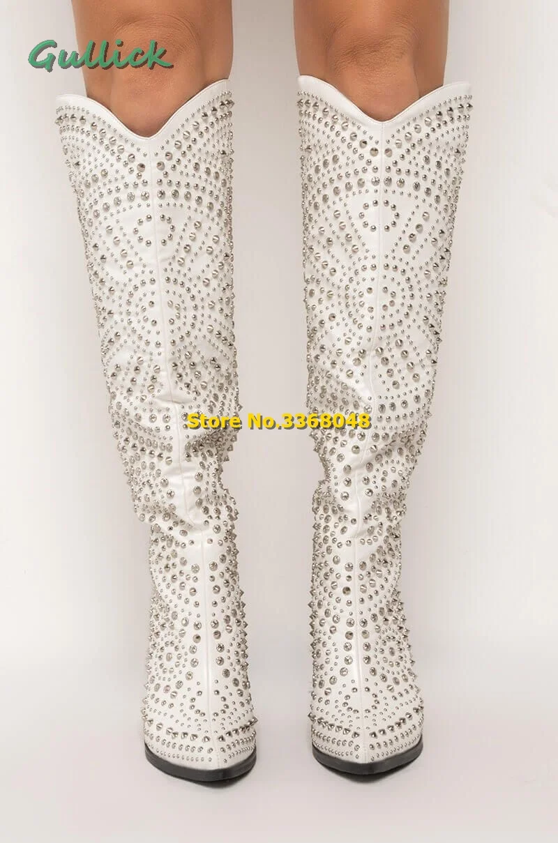 Boot Studded Pointy Toe Block West Chunky Cowboy Heel Knee High Crystal Handmade Winter Boots White Slip On Women Fashion Shoes
