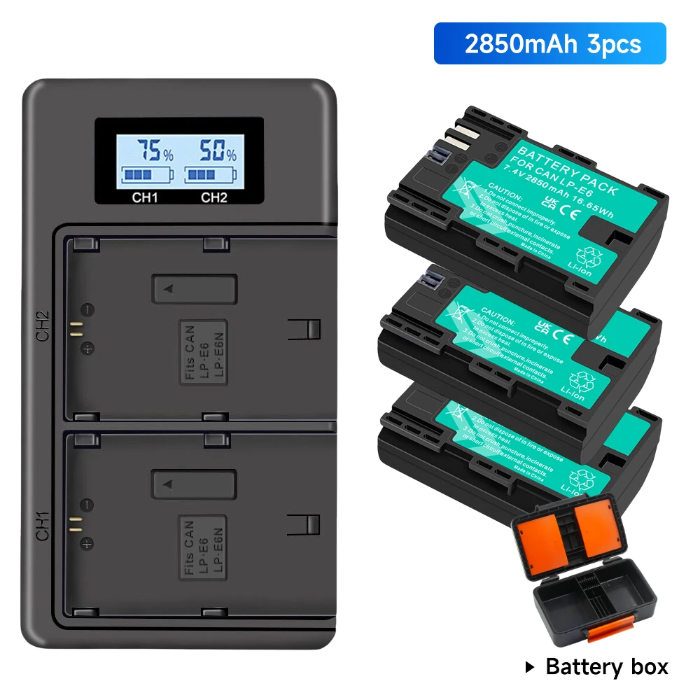 

PALO 2850mAh LP E6 LPE6 LP-E6 E6N Battery + Storage Box for Canon EOS 5DS R 5D Mark II 5D Mark III 6D 60D 7D 70D 80D Camera