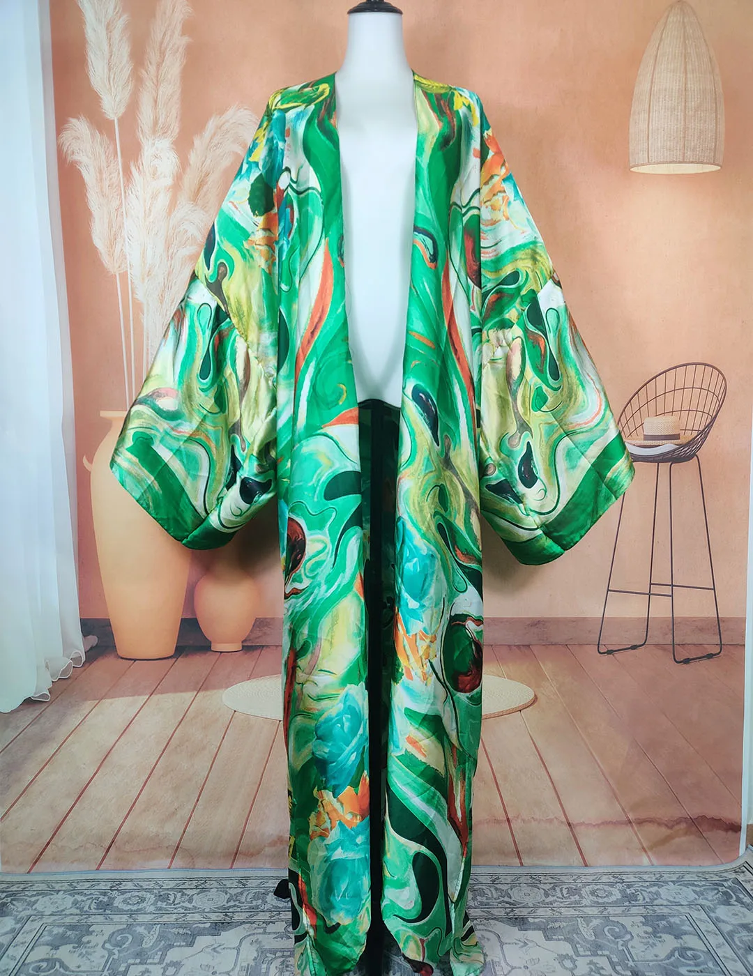 

New Silk European Fashion Women Printed Long Sleeve Boho Cardigans Dashiki African Oversize Full Length Muslim KImonos