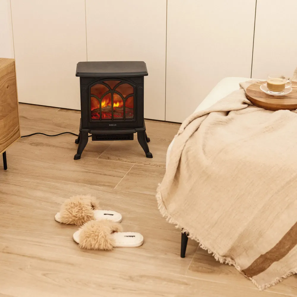 NEWTECK Chimenea Eléctrica Classic Flame con luz LED y Sist. Termo-cerámico PTC, 2 Niveles, Sensor Sobrecalentamiento. 750/1500W