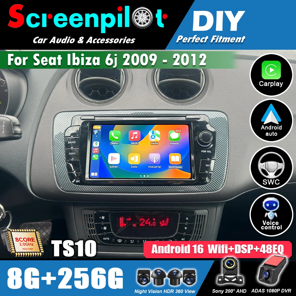 Radio para Auto con Android 16 y CarPlay Inalámbrico para Seat Ibiza 6j 2009 2010 2011 2012, 5G WiFi Multimedia 2din, Pantalla de 7 Pulgadas, GPS, Navegación
