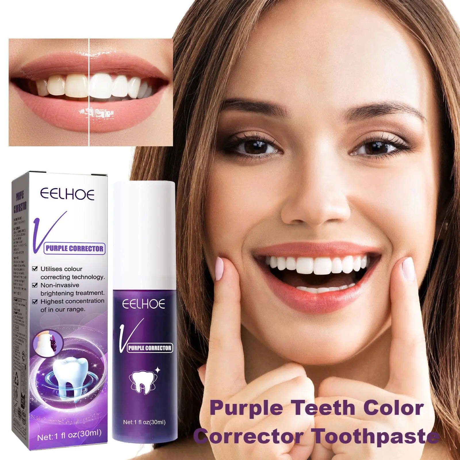 Eelhoe 30ml Teeth Whitening Toothpaste Purple Cleaning Stains Oral Hygiene Remove Tartar Freshen Breath Bleach Teeth Toothpaste