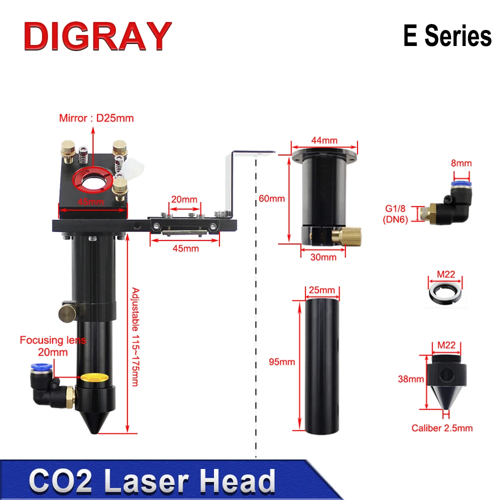 DIGRAY Co2 Laser Head E Series for Lens Dia: 20mm FL:50.8 & 63.5 mm，Mirror 25mm Suitable For Laser Engraving Cutting Machine.