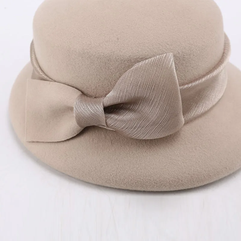 Women Wool Fedora Winter Hats Ladies Felt Cloche Hat with Big Bow French Style Blower Hats Ladies Party Wedding Derby Church Hat