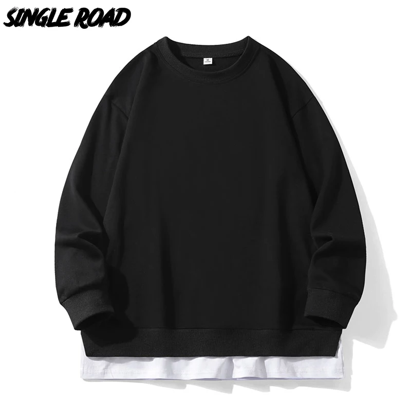 Single Road Mens Crewneck Sweatshirt Men 2023 Solid Blank Basic Patchwork Oversized Sweatshirts Hip Hop Streetwear Hoodie Men