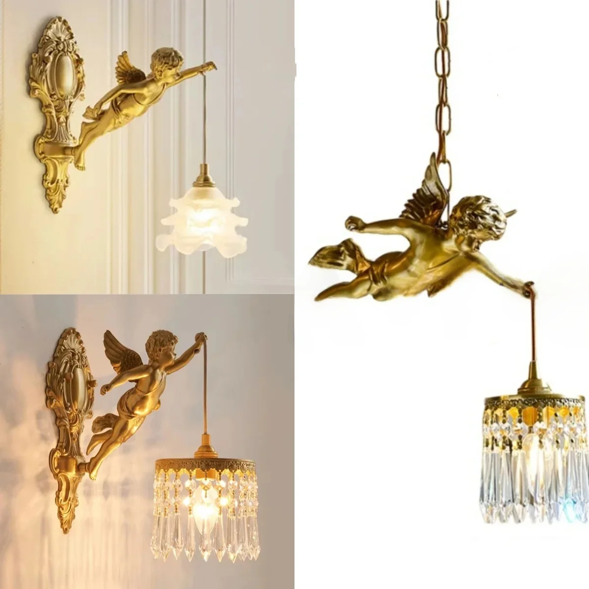 Franse retro koperen engel bloem kristallen wandlamp woonkamer slaapkamer hal veranda balkon bedlampje kristallen kroonluchter LED - afbeelding 2