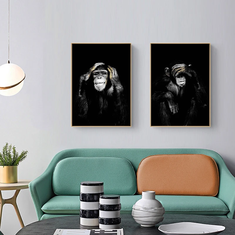 Animal Oil Canvas Painting Picture Cute Simple Black Orangutan Blindfolded Wall Art Print Poster for Home Decor A Set 3 Piece