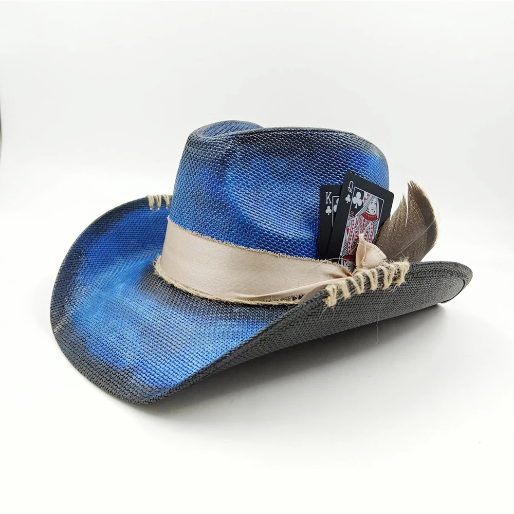 Chapéu de cowboy chapéu de palha de verão unissex chapéu de cowboy azul pintado jazzy cowboy chapéu de palha aba larga chapéu de cowboy festa