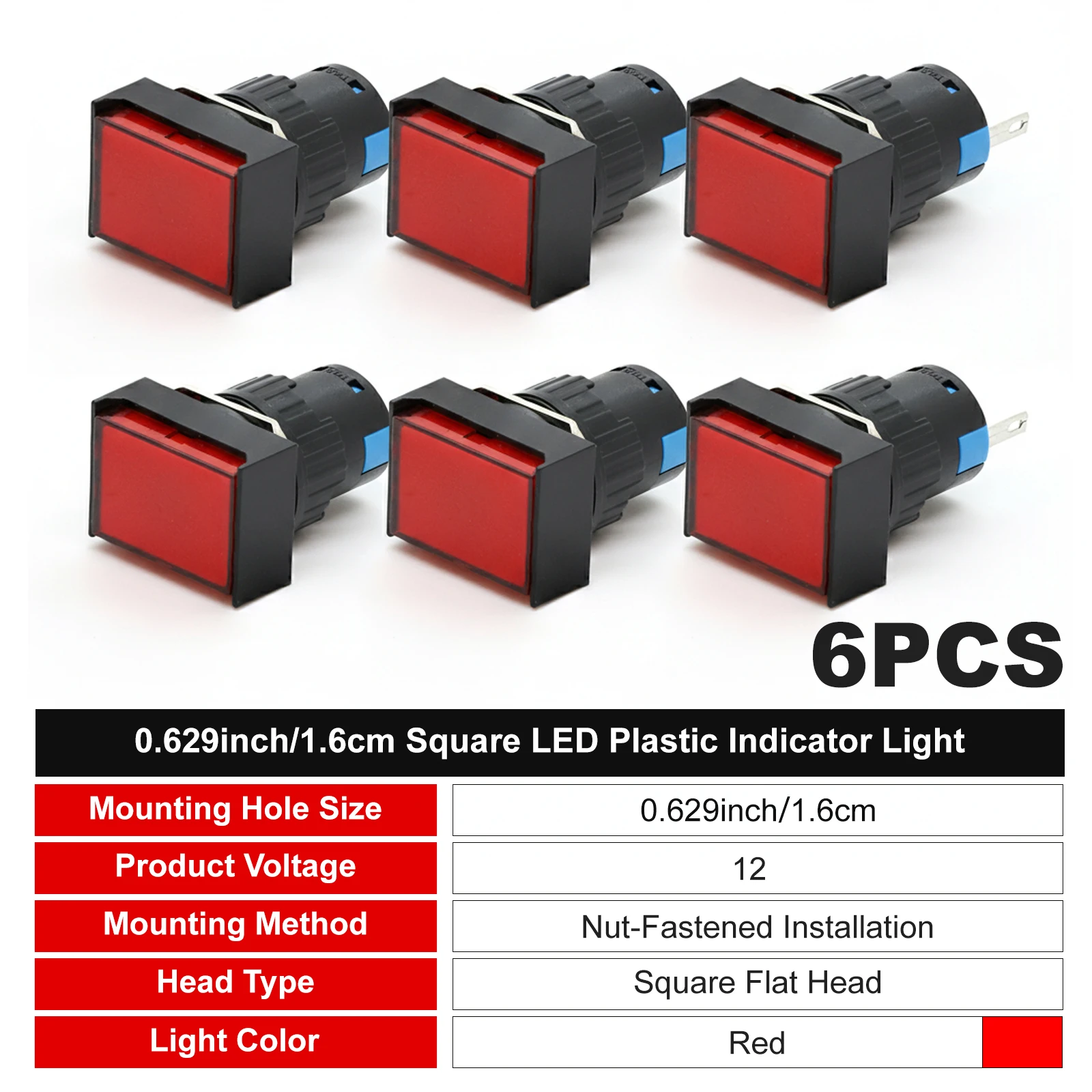 

FILN 6pcs 16mm LED Indicator Light 12V 24V 220V Square Plastic Indicator Light Dash Pilot Light Car Dashboard ruck Machinery