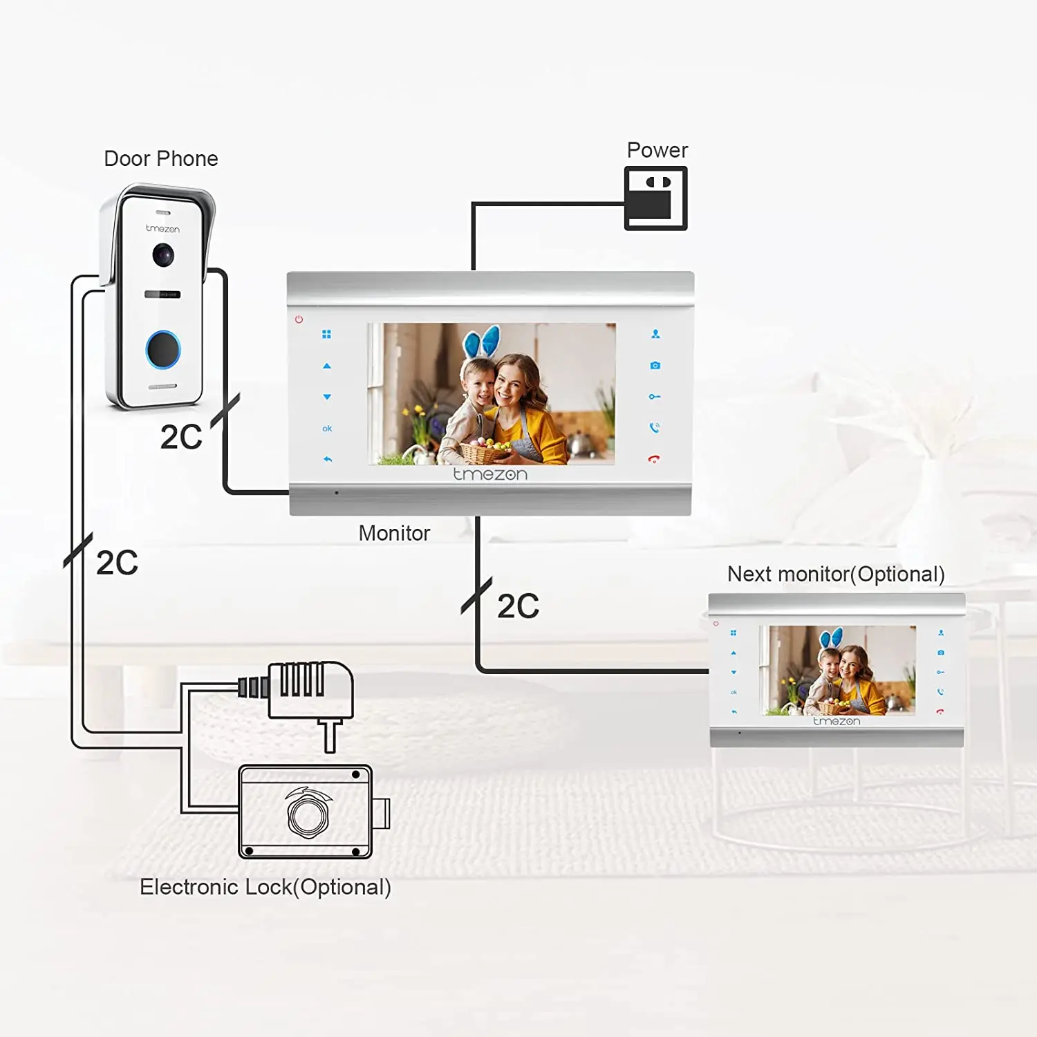 TMEZON  2 wire video door phone doorbell intercom system,7 inch monitor with wired bell, touch button,snapshot/record