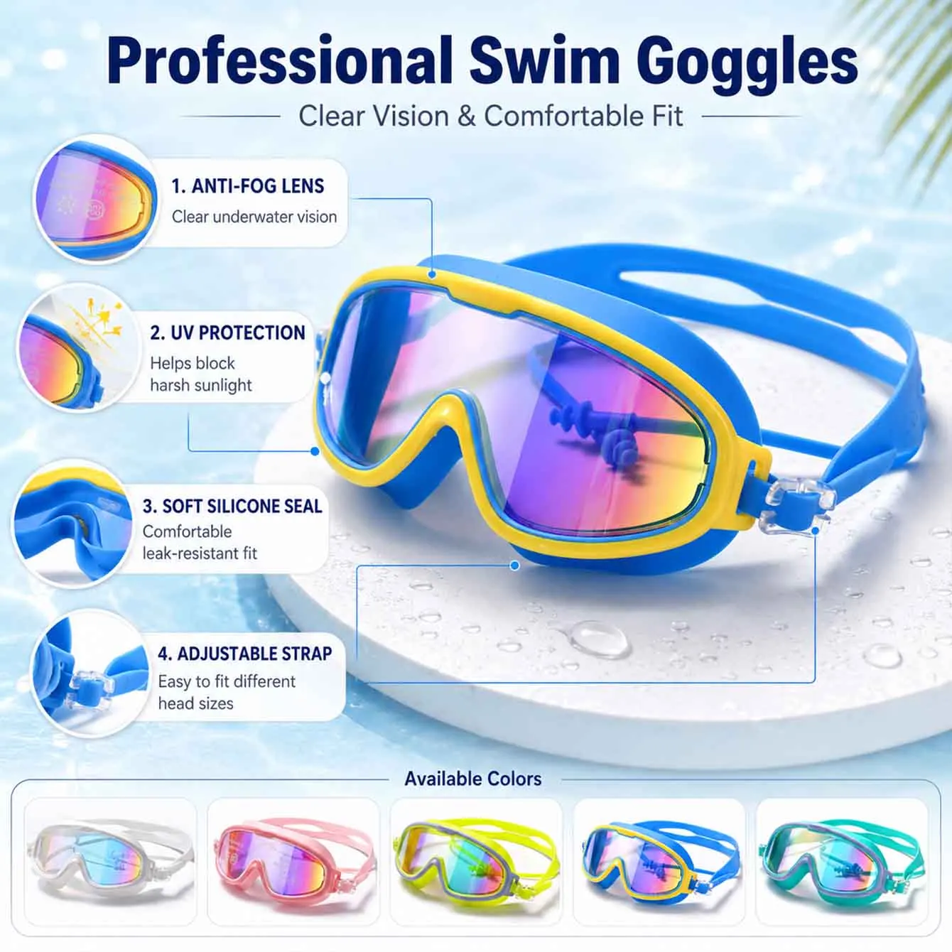 1PC Anti Fog Swimming Goggles UV Protection Mirrored Lens Soft Silicone Seal Leakproof Swim Glasses