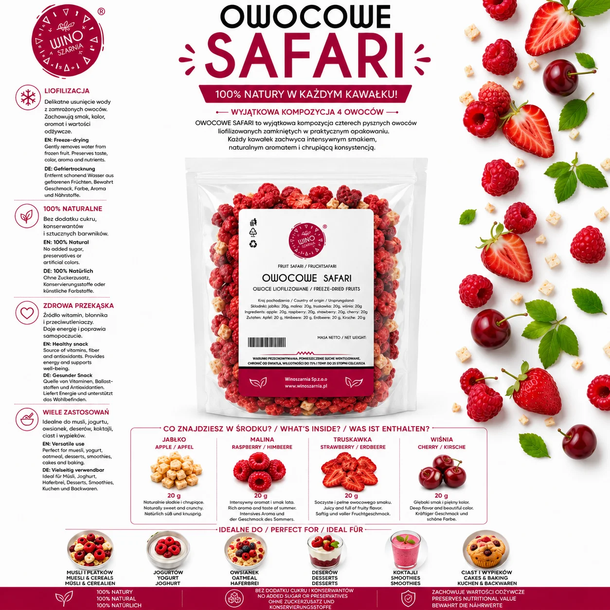 Immagine 5: Mix di frutta liofilizzata Safari: Mela, Lampone, Fragola, Ciliegia 80g Doypack