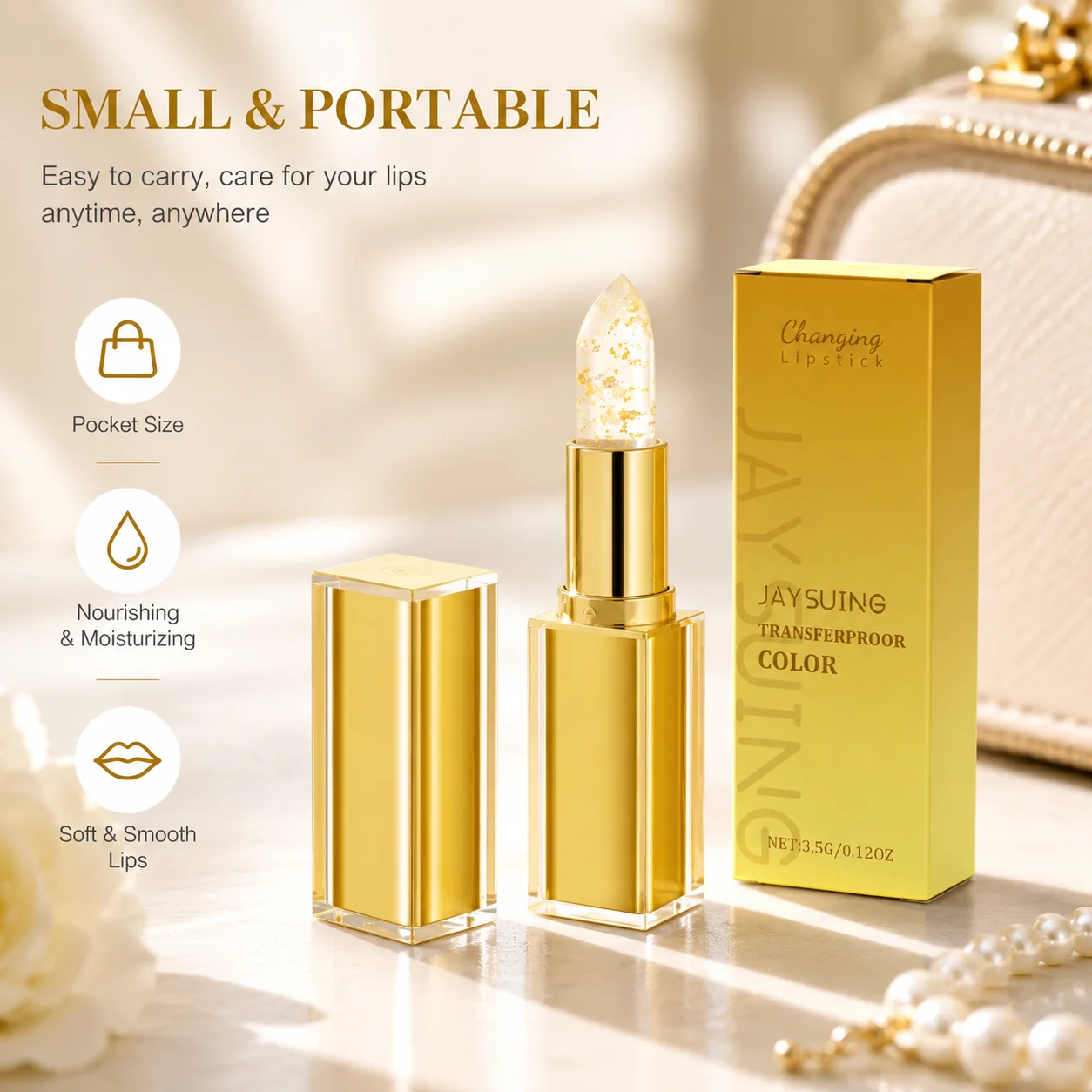 Jaysuing pH-Activated Gold Flake Lip Balm Nourishing Lip Gloss Moisture Lock Barrier Velvet Finish Smooth Fit Daily Cosmetics Si