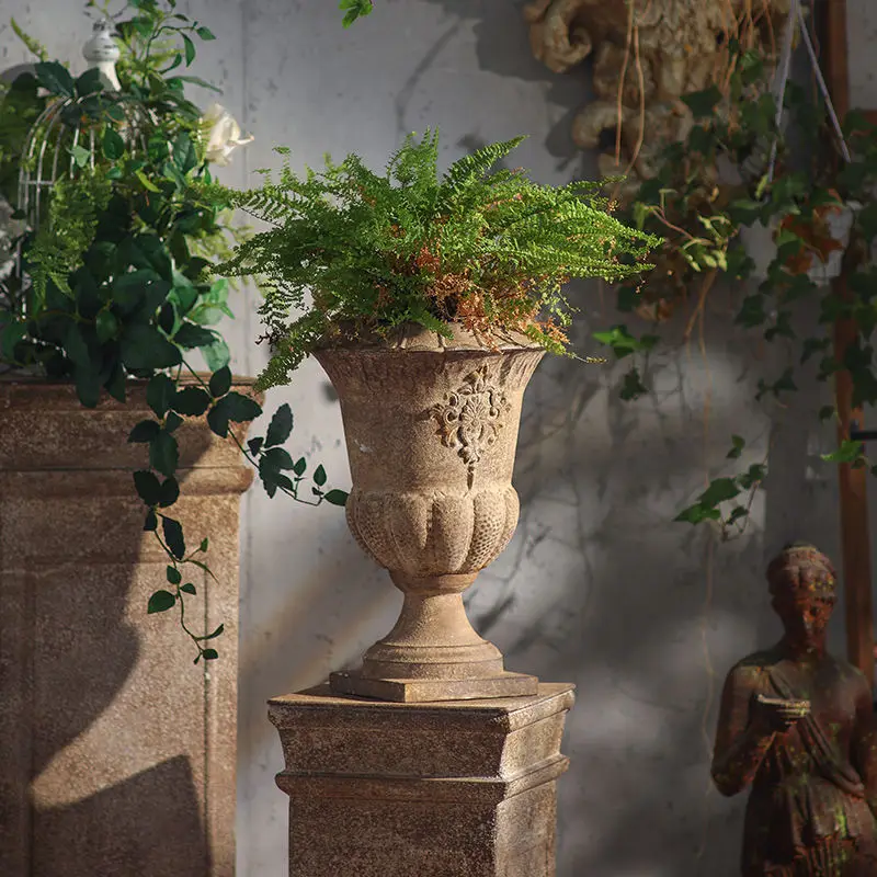 Vintage English Garden Pedestal Urn Planter, Rustic European Iron Flower Pot, Classical Estate Decorative Vase, Farmhouse Patio