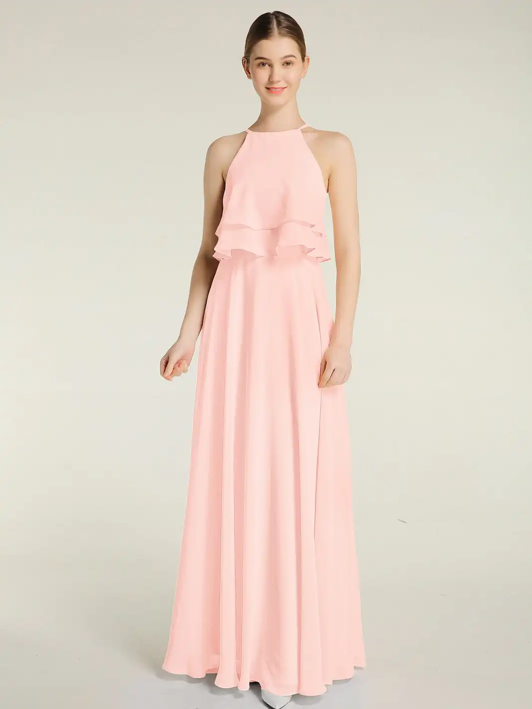 

Two Layers Ruffles Bodice Chiffon Bridesmaid Dress A-line Sleeveless Wedding Cocktail Dresses Floor-length Pleated Evening Gowns