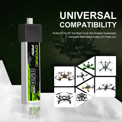 OVONIC 1S LiHV LiPo Battery 3.8V 850mAh 1S1P 100C, BT2.0 Plug FPV Battery for 75mm Tinywhoop RC Quadcopter Drone