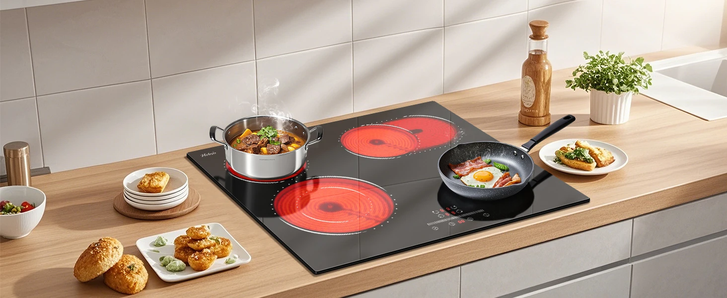 Kochfeld Plakette Vitrocéramique 4 Feux, Tisch de Cuisson électrique Encastrable 60 cm, 6600 W, Zone erweiterbar für gril – Detail 1