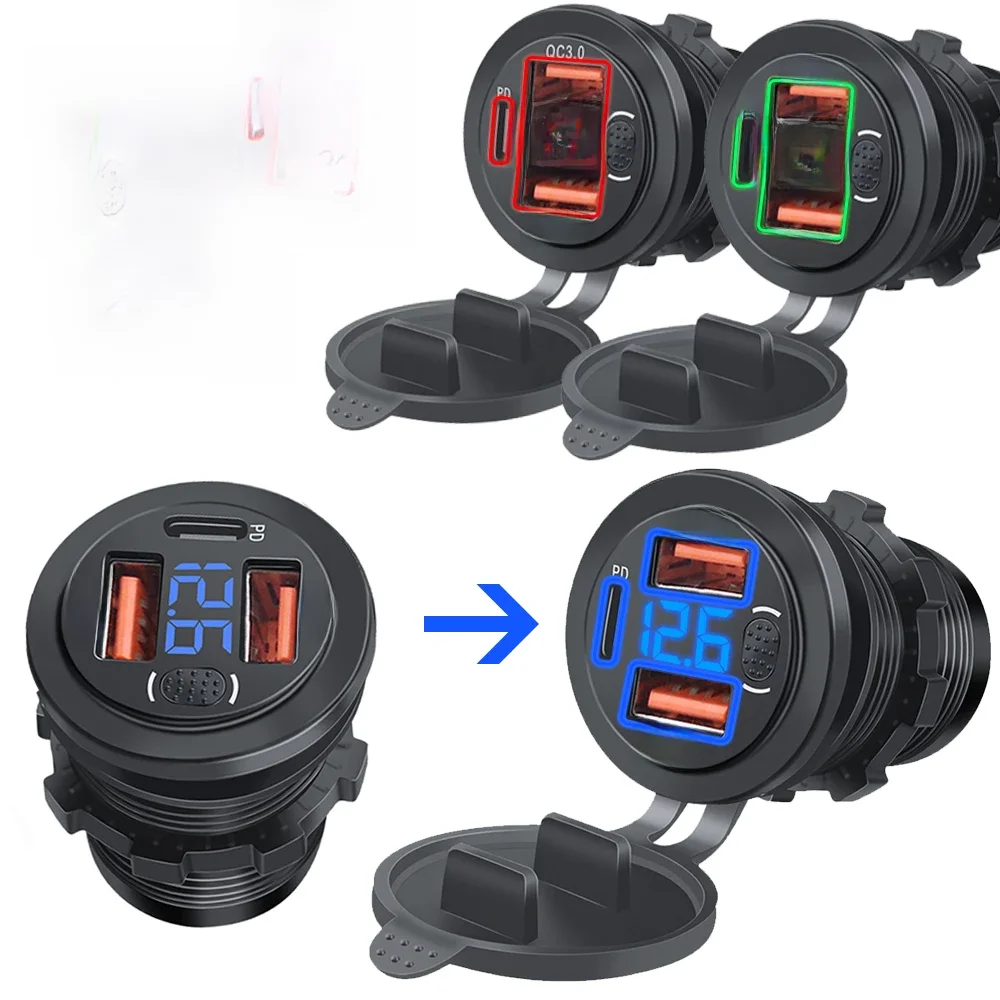 Drie Poorten Autolader PD Dual QC3.0 USB Lader Socket met Met Digitale Voltmeter Knop Schakelaar 12 V/24 V voor Motor Auto - afbeelding 2