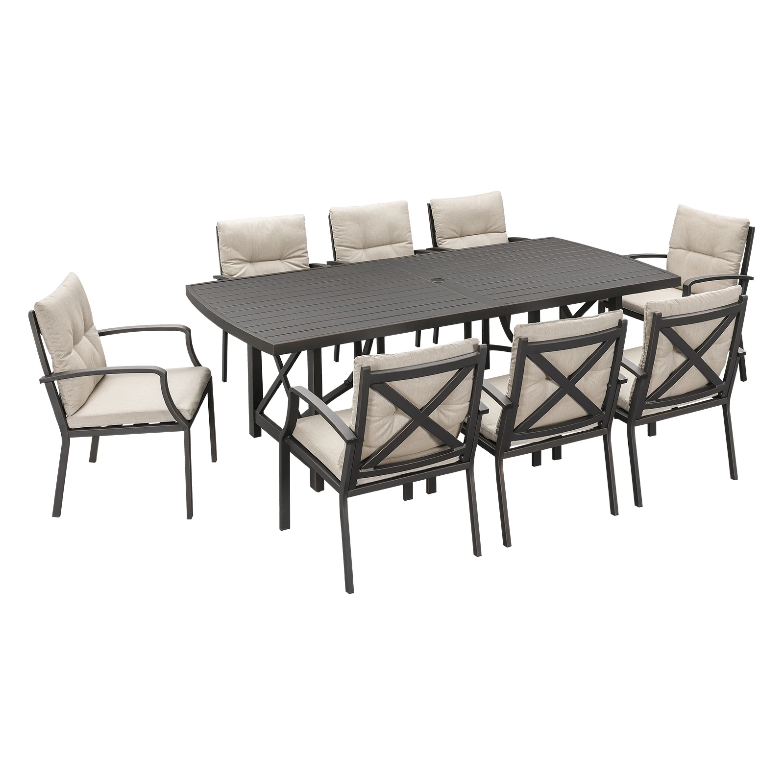 

SeeHill Gunmetal Обеденный набор для патио из 9 предметов, алюминиевый уличный стол с 8 стульями, мебель для патио с отверстием для зонта