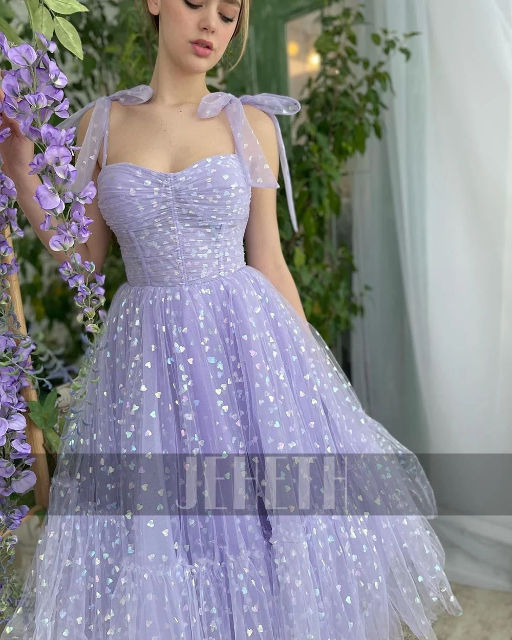JEHETH Coração Roxo Imprimir Prom Dress Querida Tule Bow Correias Tornozelo Comprimento Vestidos de noite Backless A-Line Festa Formal فساتين
