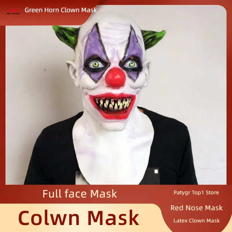 Cosplay Evil Joker Maschera Horror Killer Clown Maschere a pieno facciale in lattice Creepy Green Horned Red Nose Clown Copricapo Halloween Prop