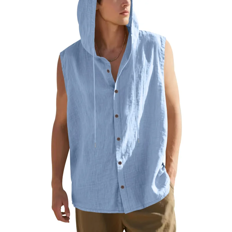 Summer Men's Linen Shirt - Loose-Fitting, Casual, Breathable Sleeveless Shirt, Men's Hooded Jacket