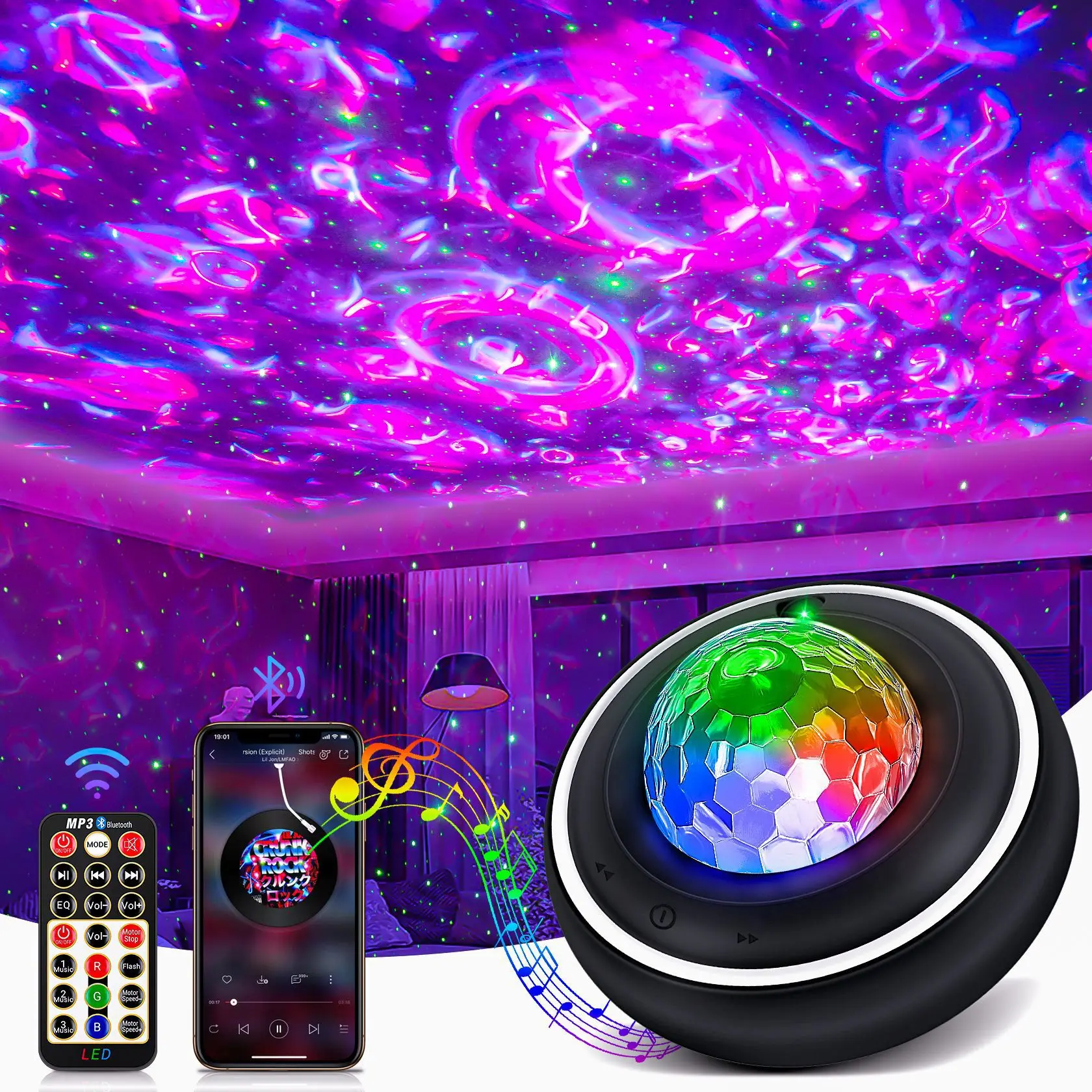 Wireless BT Speaker Rotating Atmosphere Light Home Projection LED Light Starry Sky Projection Light BT Audio Speaker Kids Gift