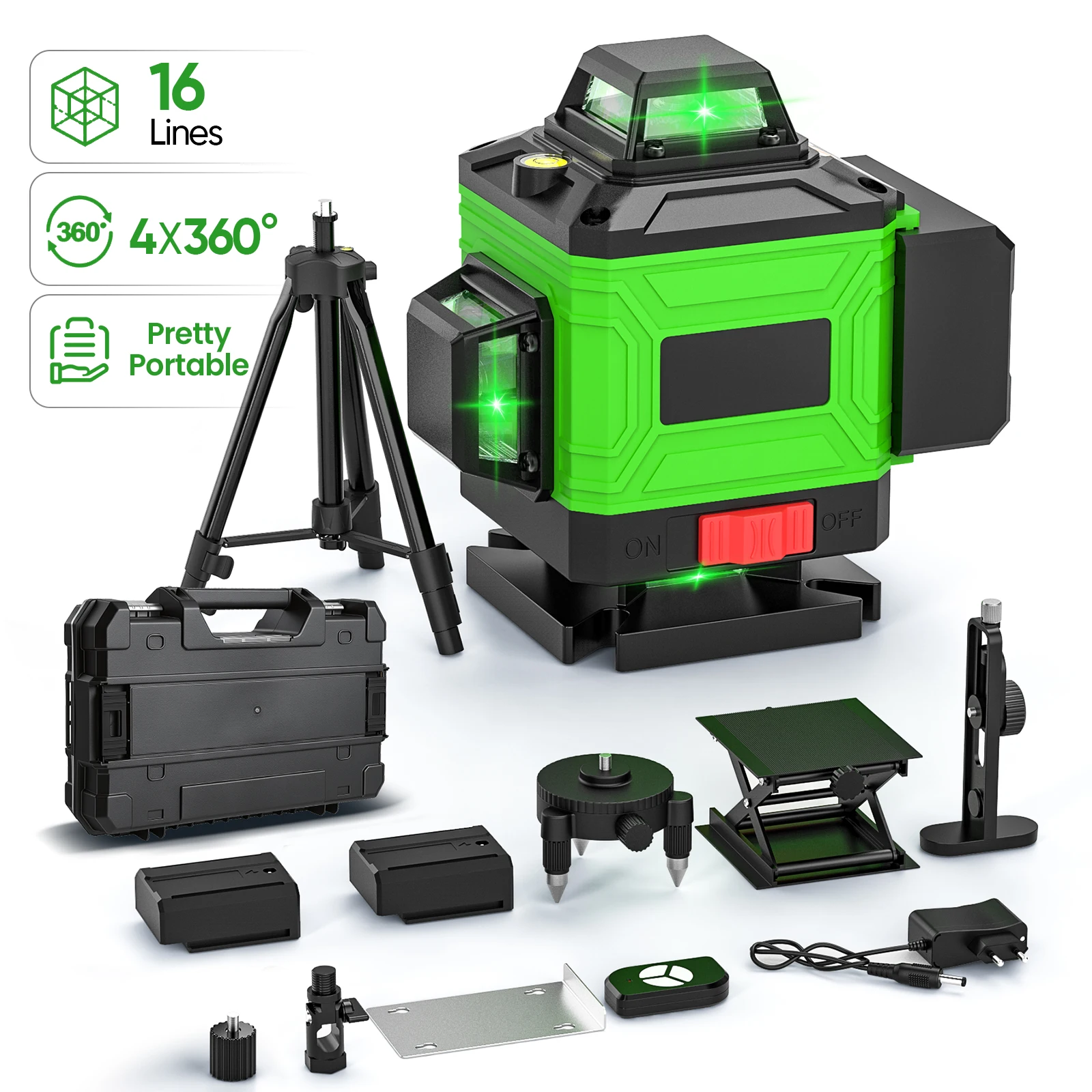16-Linien 4D Grüner Laser-Nivellierstrahl, 360-Grad-Vollwinkel, automatische Nivellierung, Laserinstrument mit 1,2 m verstellbarem Stativ, robuste Bau- und Dekorationswerkzeuge