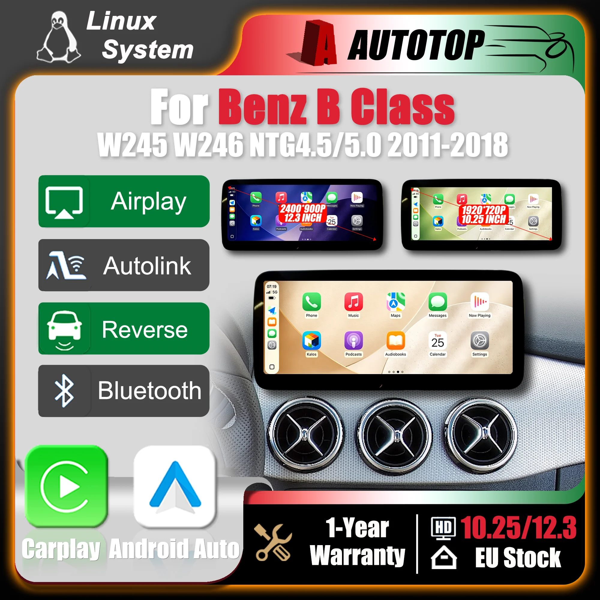 Schermo multimediale con sistema Linux da 12,3"/10,25" con CarPlay wireless e Android Auto per Benz Classe B W245 W246 2011-2018 NTG4.5 NTG5.0 autoradio con Bluetooth e GPS