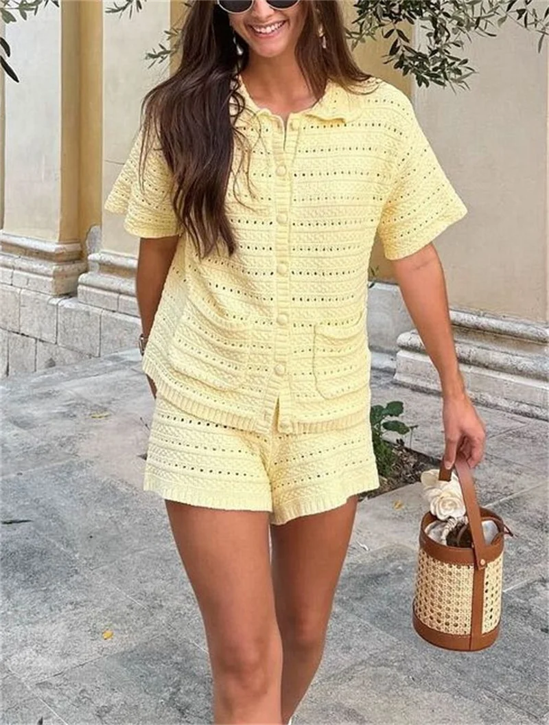 

2PCS Women's Short Sleeve Pockets Knitted Top Blouse And Short Pants Sexy Beach Crochet Bikini Cover-Up Summer Casual Outfits
