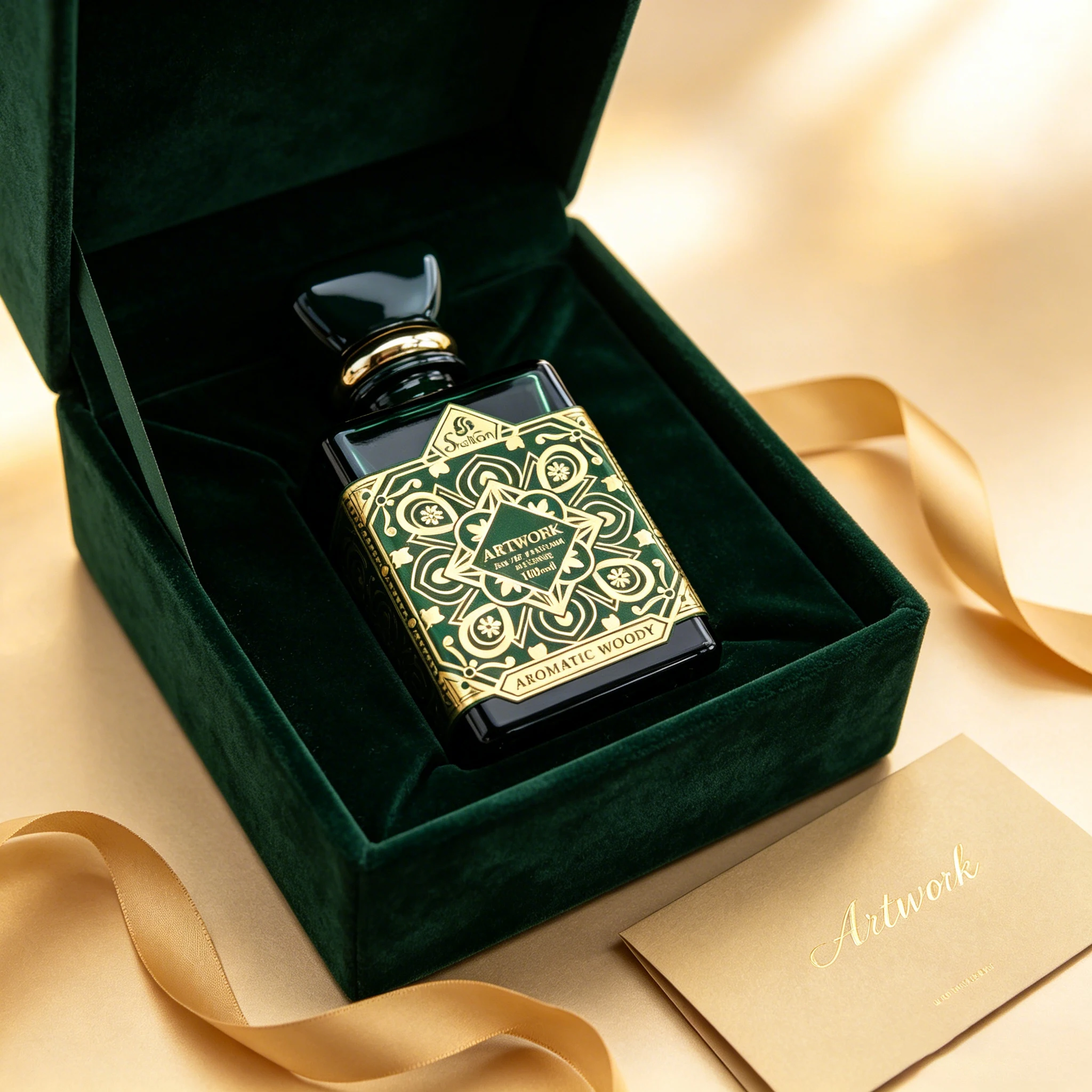 ARTWORK Eau de Parfum Unisex Aromático Amaderado de 100ml, Fragancia Duradera con Notas Mixtas de Bayas Silvestres, Florales y Maderas del Bosque, Botella de Vidrio Cuadrada Verde Esmeralda Oscuro Vintage con Patrón Oriental Grabado en Oro, Colonia Neutral para Uso Diario, Regalo de Lujo en Terciopelo Verde Oscuro