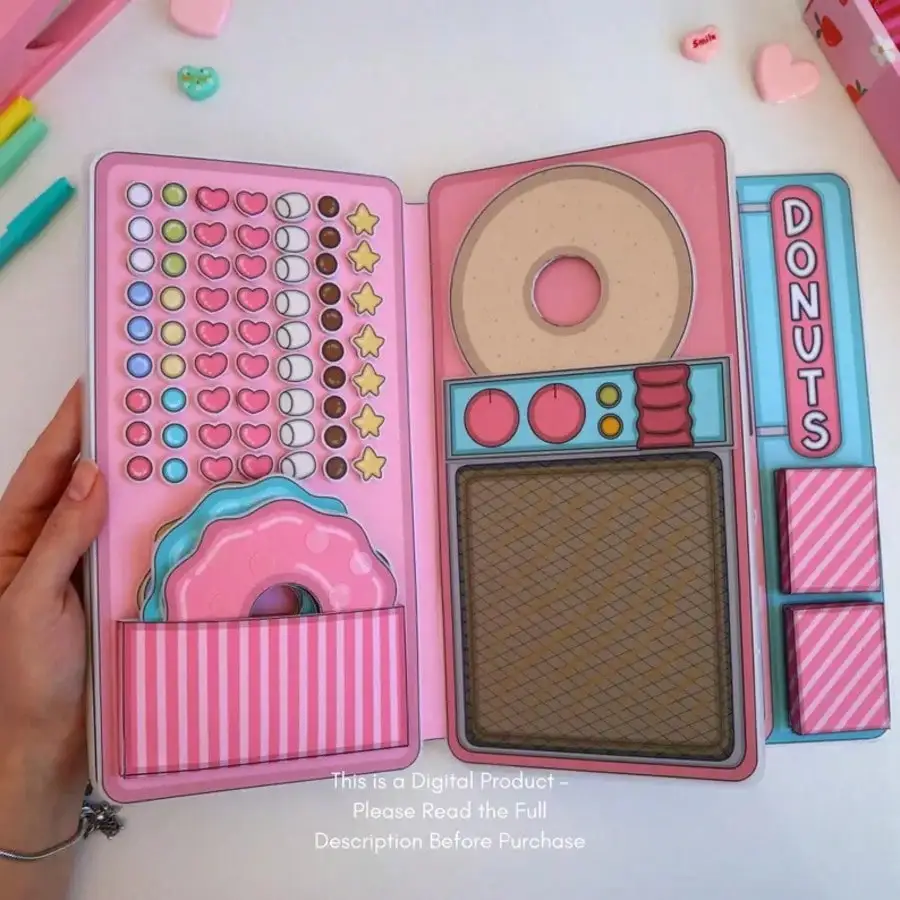 Donut Shop Pretend Play Kit, DIY Paper Doll House Sticker Book, Kids Quiet Book Craft Set, Cut & Make Handmade Toy view 3