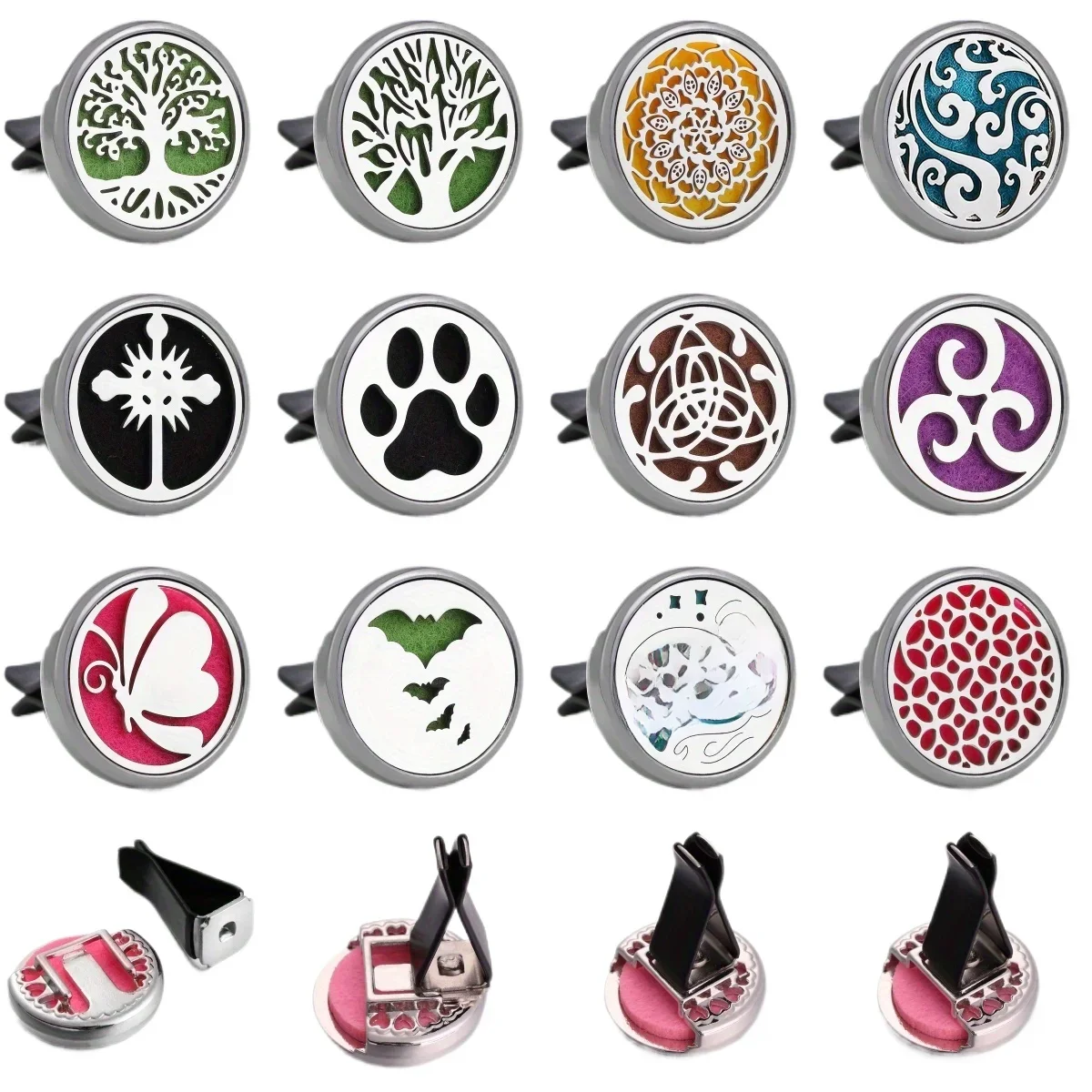 Clip de diffuseur de parfum de désodorisant de voiture rechargeable de 1pc, diffuseur d'aromathérapie d'intérieur de voiture de ventilation automatique avec 10 pièces de tampons