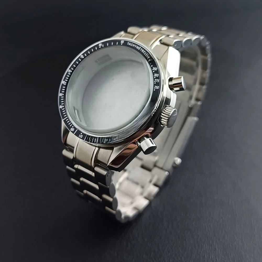Hochwertiges VK63-Uhrengehäuse in Silber/Schwarz, 39,7 mm, passend für VK63-Quarzwerk, Stahl-Uhrengehäuse, versiegelter Uhrenboden, Moon Watch