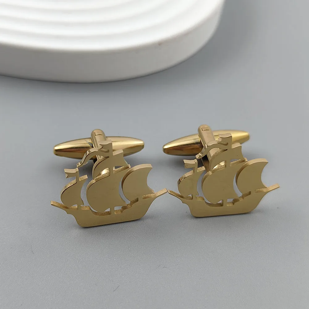 Punk style hollow pirate ship stainless steel 18K gold-plated cufflinks, silver French shirt buttons, suit wedding accessories