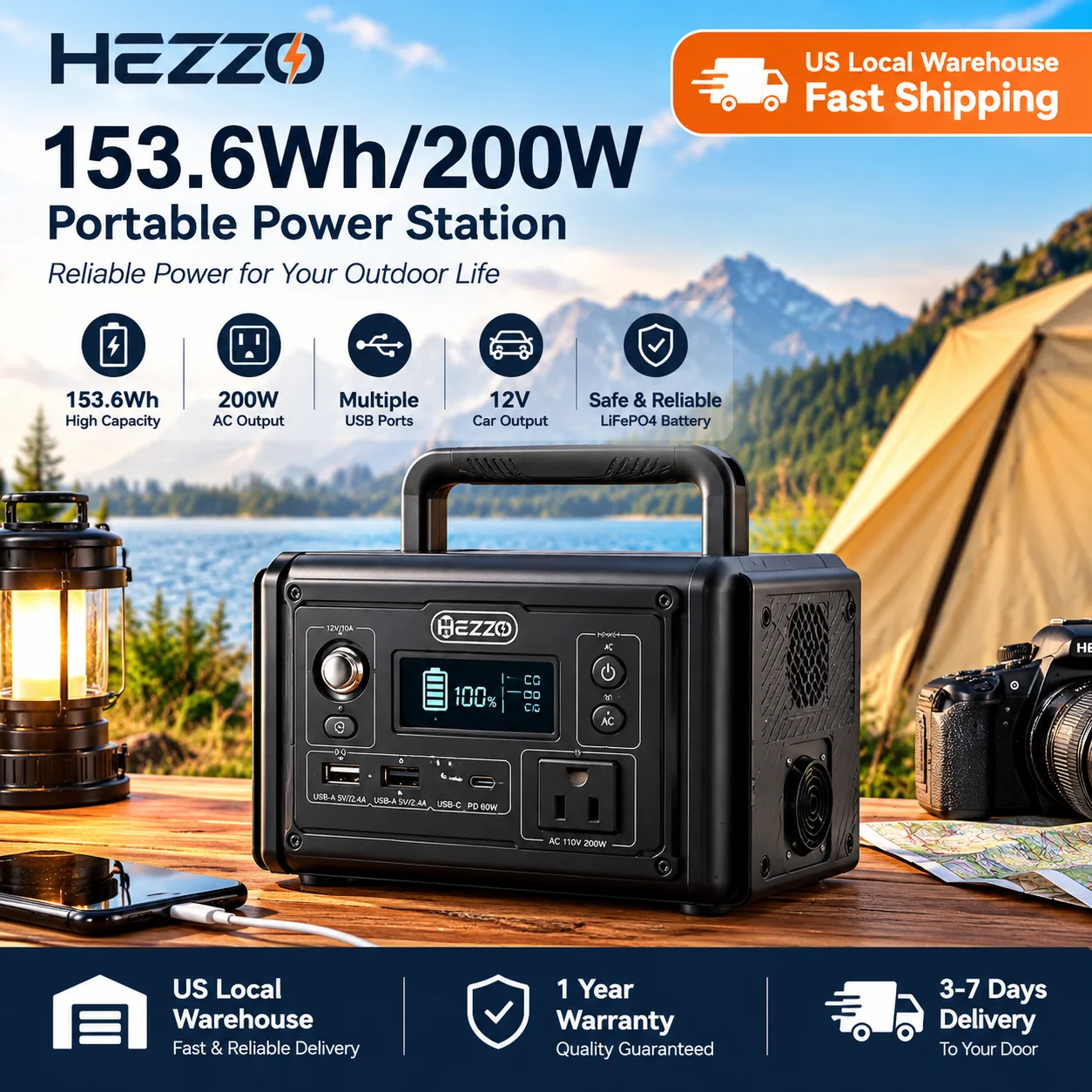 HEZZO 1-Hour Fast Charging Battery Capacity 153.6Wh Weight 3.2kg Ultra-lightweight portable power station Built-in 1W LED light Essential night camping LiFePO4 Battery 200W Output Lightweight Backup Power Home Emergency Camping RV Hurricane Outdoor Use