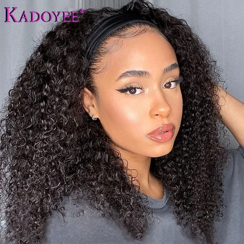 Kadoyee 30inch Kinky Curly Headband Wigs Human Hair Wig with headband Natural Black Color Glueless Curly Headband Wig for Women